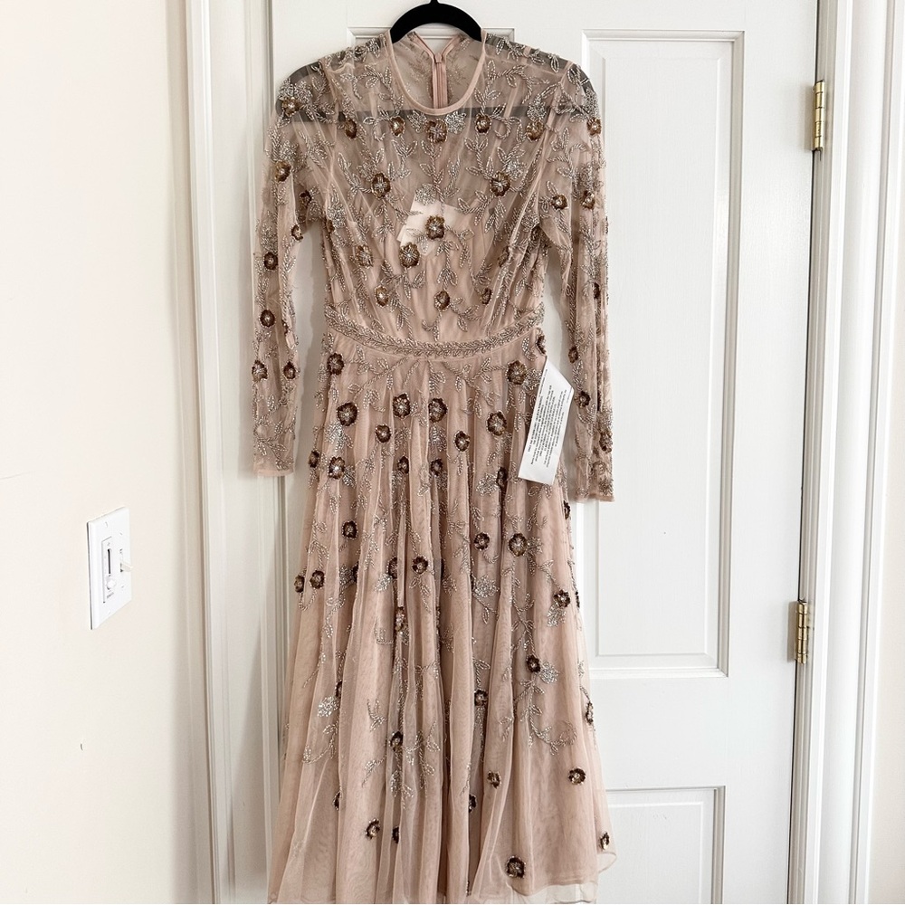 NEW sz 6 Mac Duggal Beige Beaded Illusion High Neck Long Sleeve A Line Dress - Picture 2 of 4